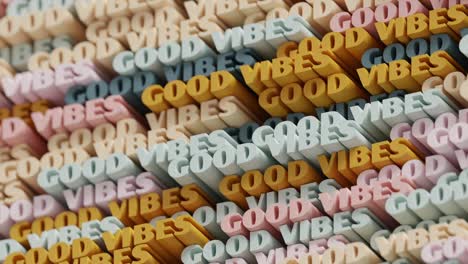 3d good vibes looped animatie voor achtergrond. abstracte typografische 3d lettering achtergrond. modern helder trendy woordpatroon in oranje, goud, aardig en blauw-grijs kleurpalet.