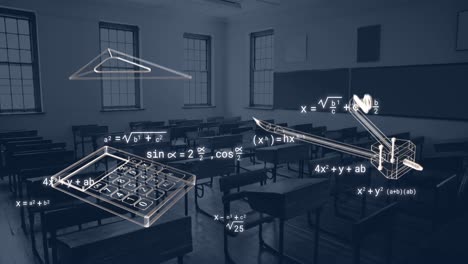 Animation-of-school-icons-and-mathematical-equations-over-empty-classroom