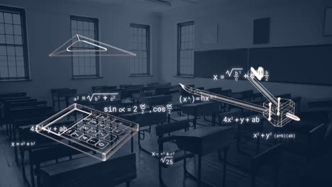 animation of school icons and mathematical equations over empty classroom