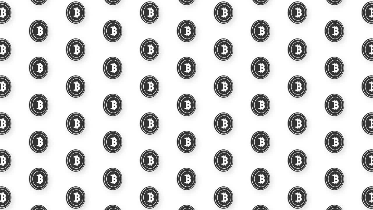 Animated Flat Black Bitcoin Cryptocurrency Coin Video Seamless Pattern Background. 4k