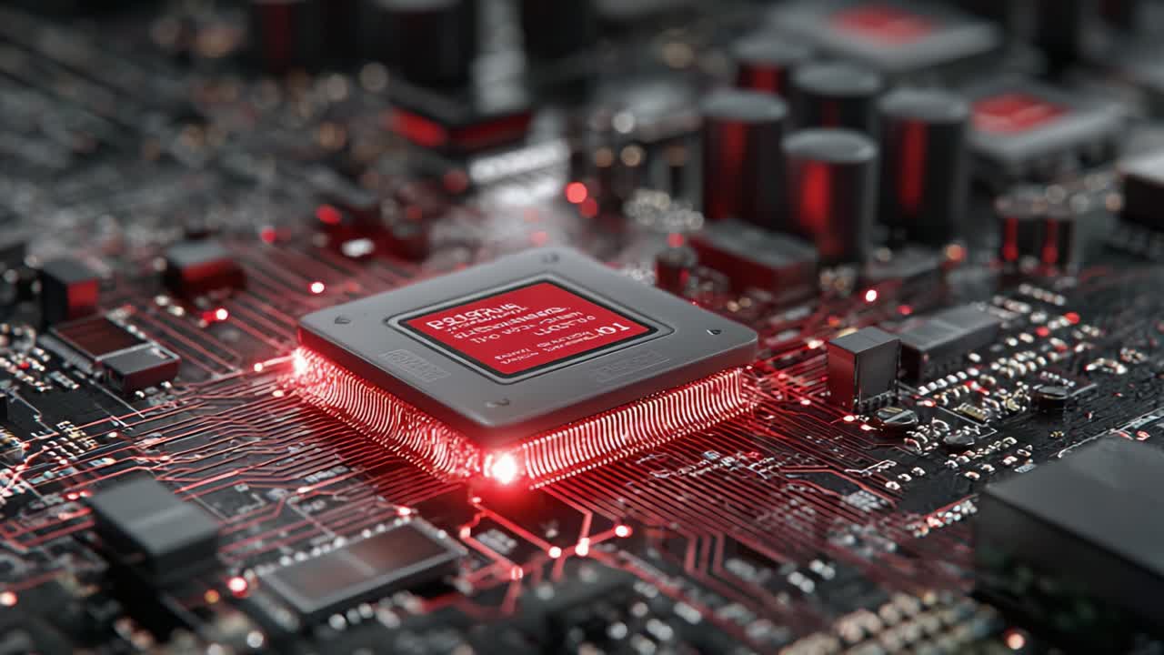 Nærbillede af en højtydende mikrochip oplyst med rødt lys på et printkort, der fremviser avanceret teknologi og kompleks kabling i moderne elektronik.