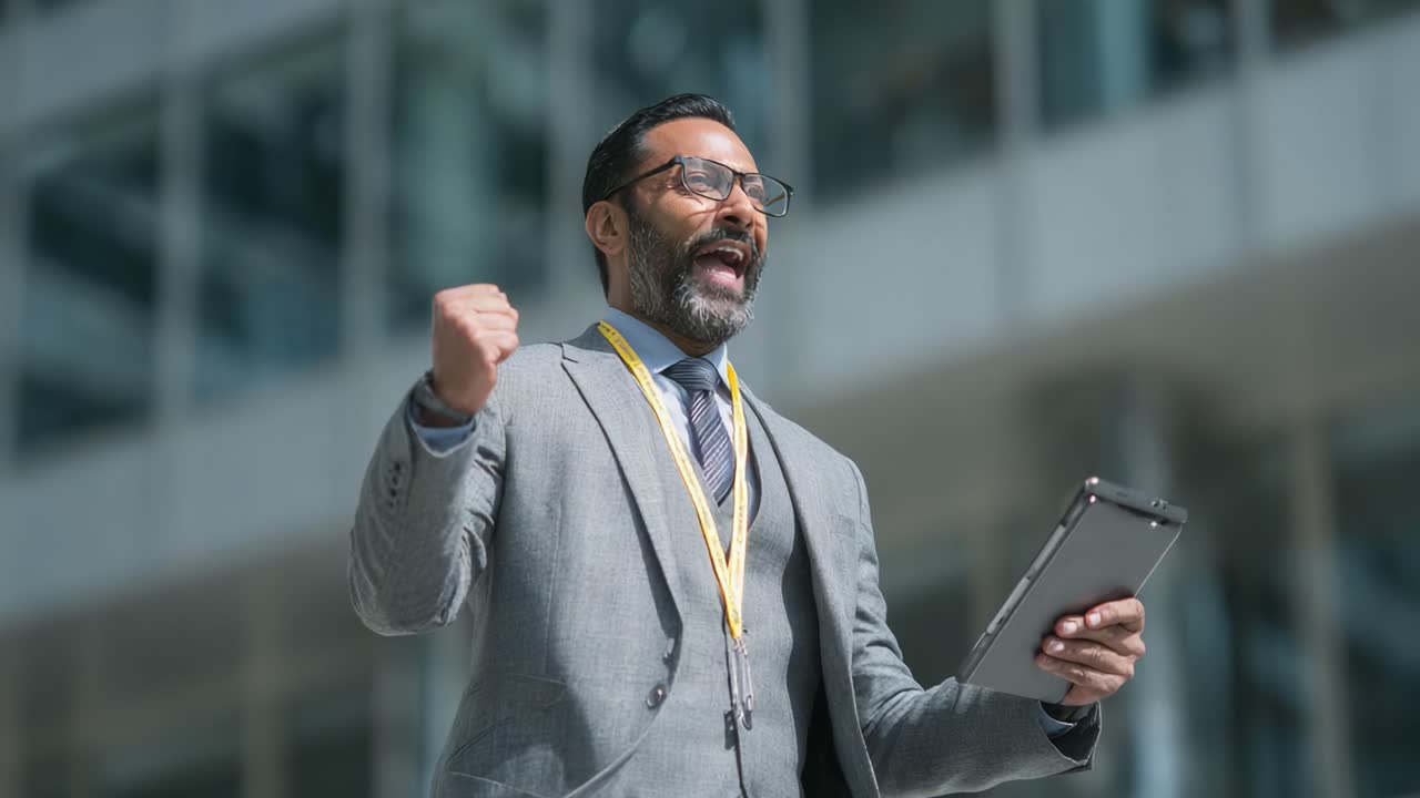 A confident businessman passionately delivers a motivational speech outdoors, celebrating success with a tablet in hand, showcasing enthusiasm and leadership in a professional setting