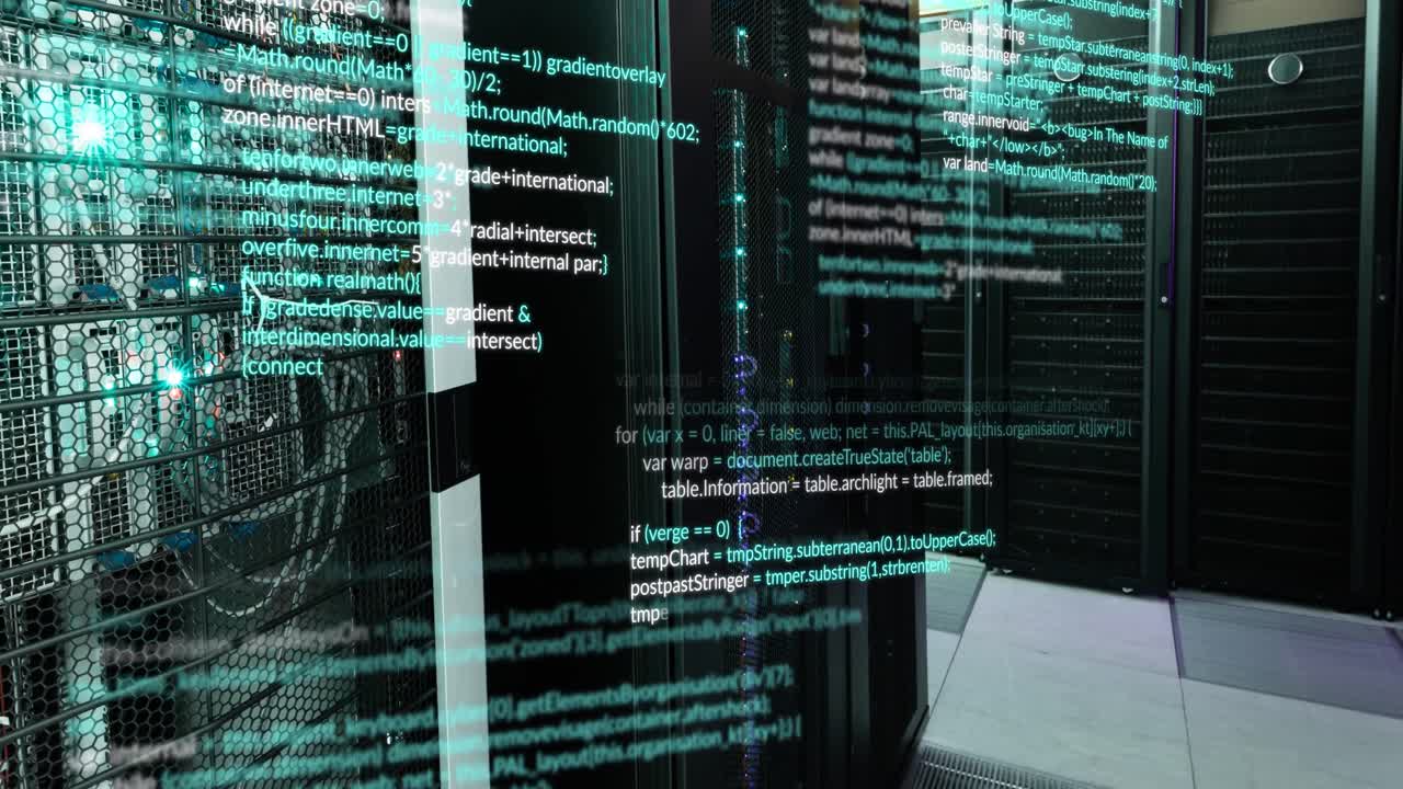 animação do processamento de dados contra uma sala de servidor de computador vazia