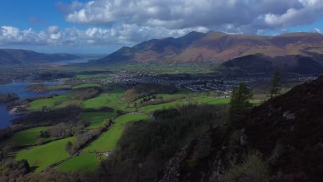 Aerial-drone-video-in-England-Lake-District-National-Park-with-Derwent-Water,-Keswick-and-Skidded-in-the-background