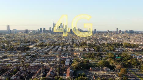 4g letters appear over network connected technology hologram in usa, american city