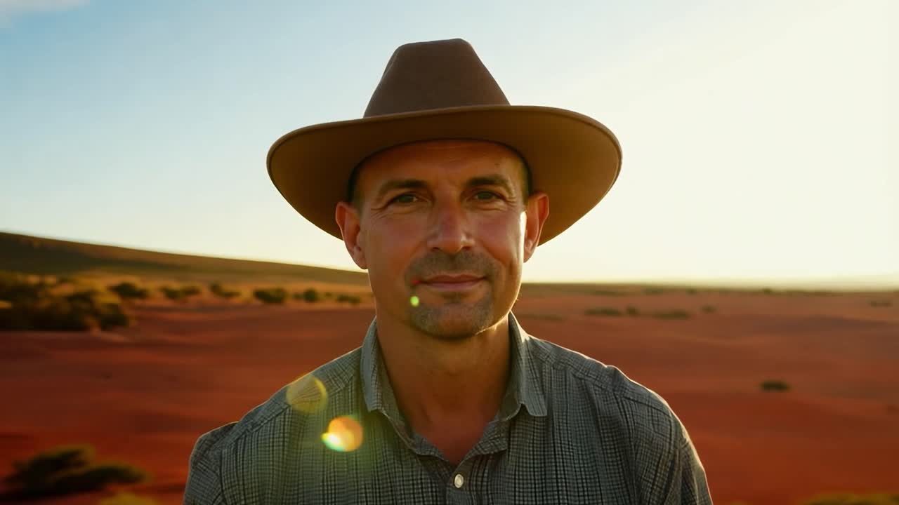 hombre sonriente con un sombrero de vaquero en el desierto