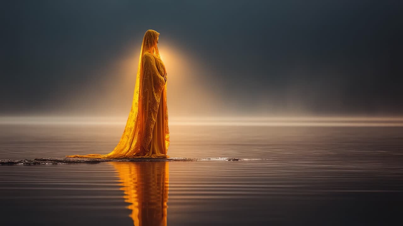 Una figura solenne vestita di giallo luminoso si erge in acque tranquille con leggere increspature, bagnata da una luce soffusa e avvolta dalla nebbia all'alba