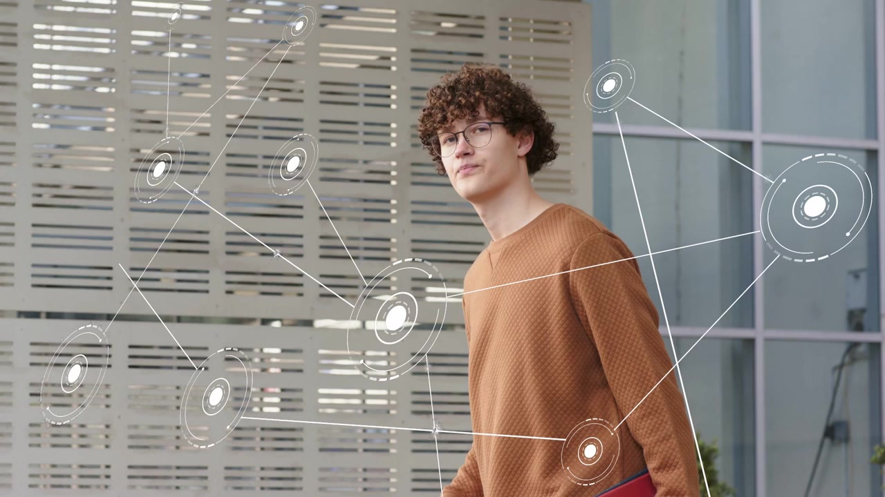 Man holding smartphone and red folder, tapping screen and activating AR network for tech demo