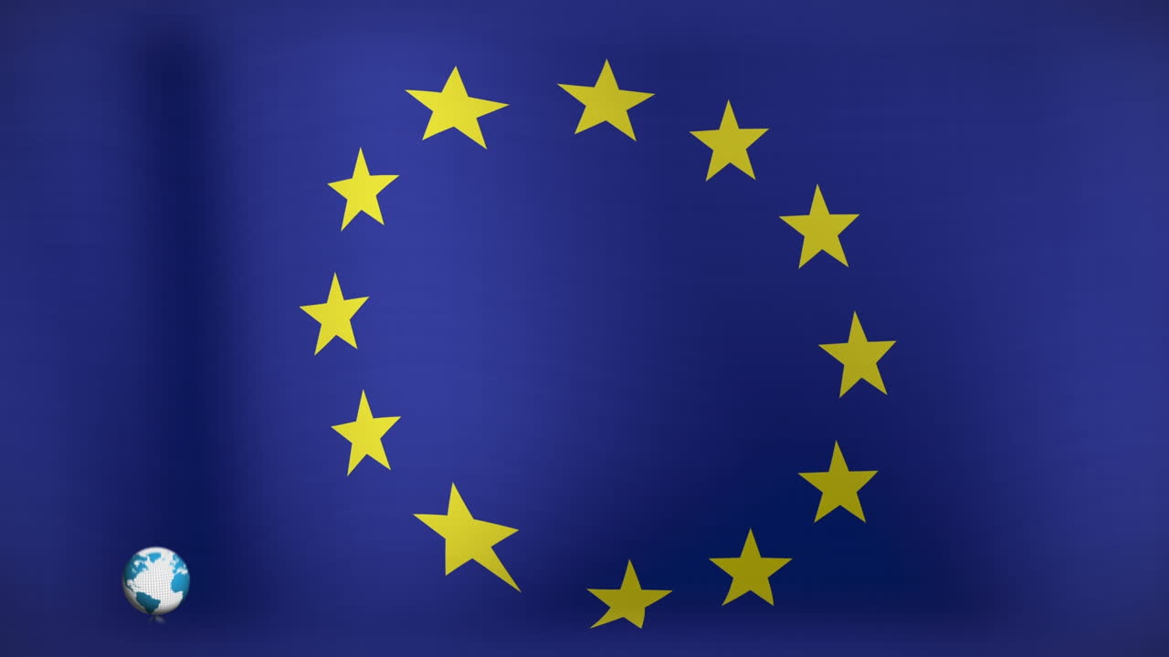 Maapallon ja valeuutisten animaatio Euroopan unionin lipun päällä