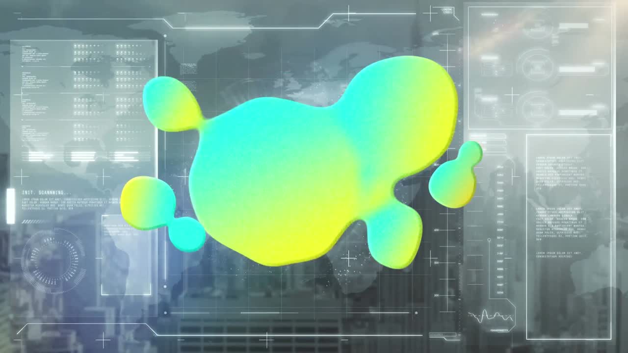 데이터 처리와 도시 풍경 위의 초록색 얼룩의 애니메이션