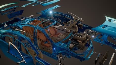 coche desmontado con partes visibles