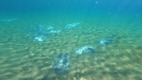 Underwater-grey-vulcanos-on-the-sand-of-the-seabed-in-the-Mediterranean-Sea-in-the-summer,-Greece