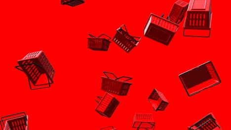 red plastic shopping baskets on red background.