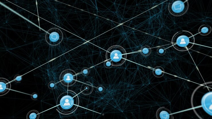 Animation of network of connections with icons over black background