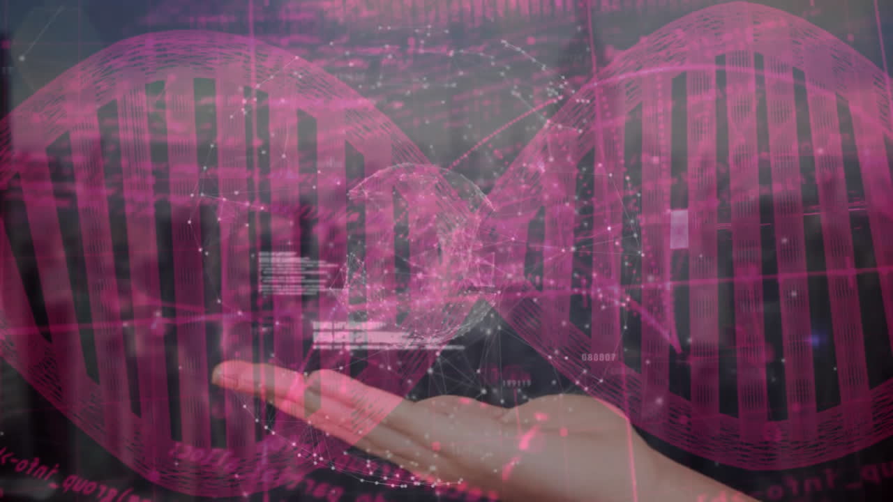 Holding digital DNA strand, hand with data and graphs overlay in animation