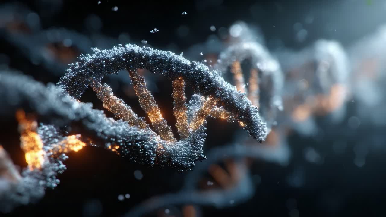 A Magnificent Close-Up of DNA Helix Structure, Showcasing the Intricacies of Genetic Material with Sparkling Elements and a Mysterious Background Lighting