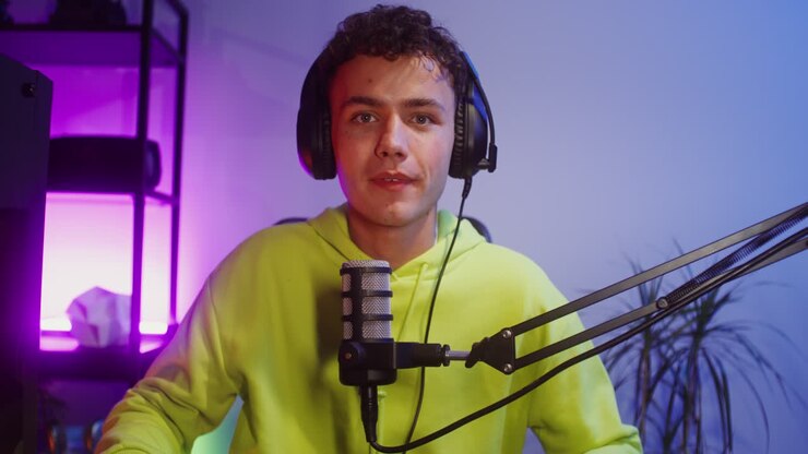 Uomo con cuffie e microfono in streaming online