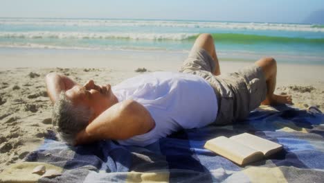 vista lateral de un hombre caucásico mayor activo relajándose en la playa 4k