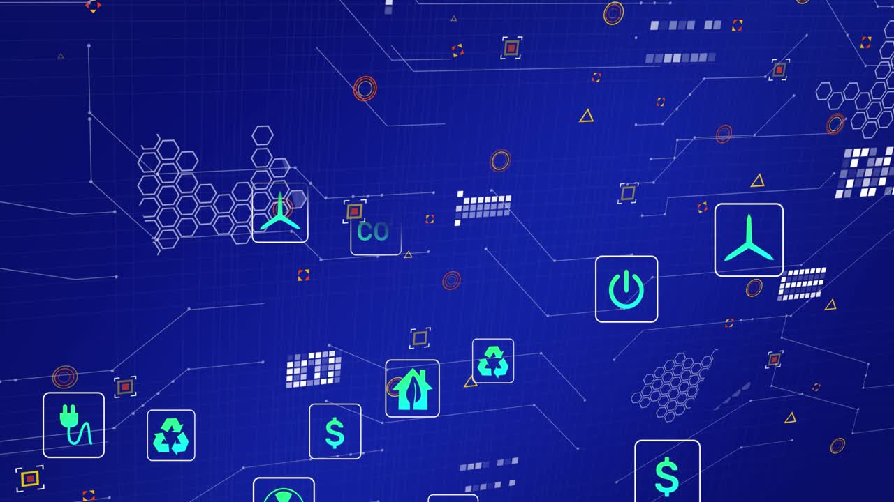 Animation of eco icons and data processing over world map