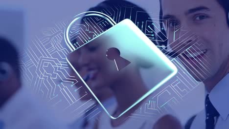 Animation-of-online-security-padlock-over-business-people-using-phone-headsets