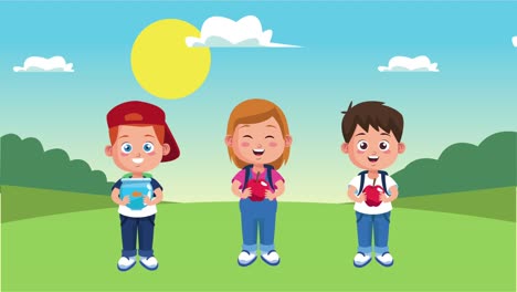 pequeños estudiantes personajes de animación de niños en escena de paisaje