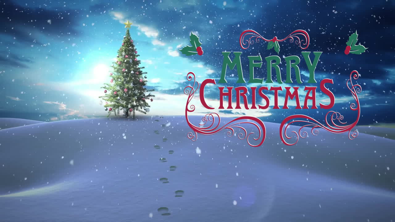 크리스마스 트리와 겨울 풍경 위에 메리 크리스마스 텍스트의 애니메이션