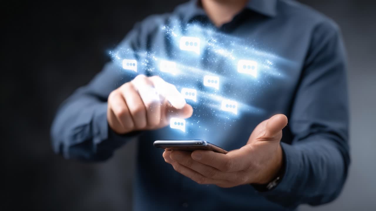 A Man Engaged in Digital Communication: Creating and Sending Messages with a Smartphone as Visual Effects Depict a Stream of Text Bubbles