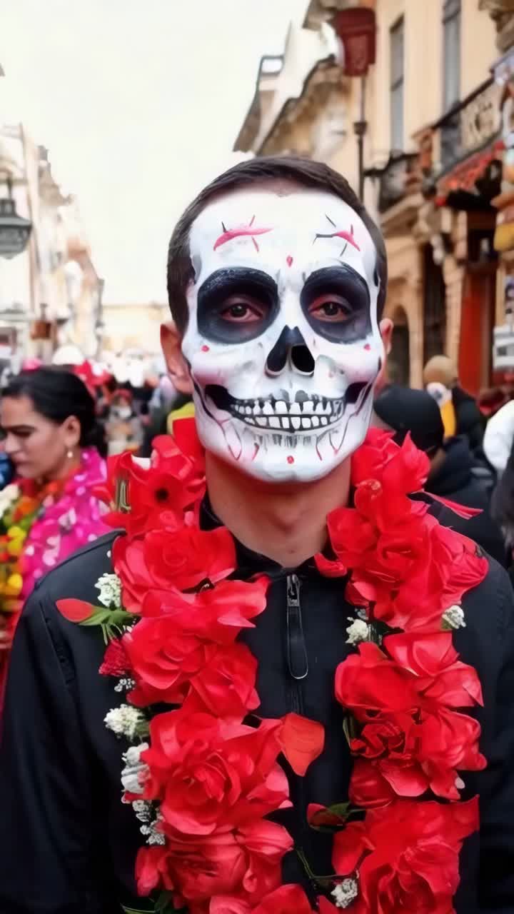 Un uomo indossa un costume da scheletro e una ghirlanda di fiori rossi, Día de Muertos