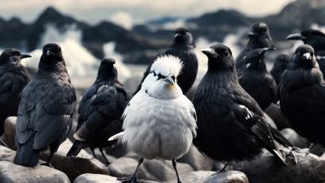 un grupo de pájaros sentados en la cima de una roca junto al océano