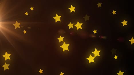 Animation-of-multiple-yellow-stars-falling-on-brown-background-with-glowing-light