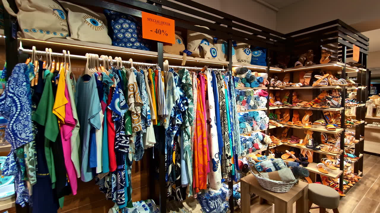Indoor view of traditional Greek garments and souvenirs displayed in a shop.