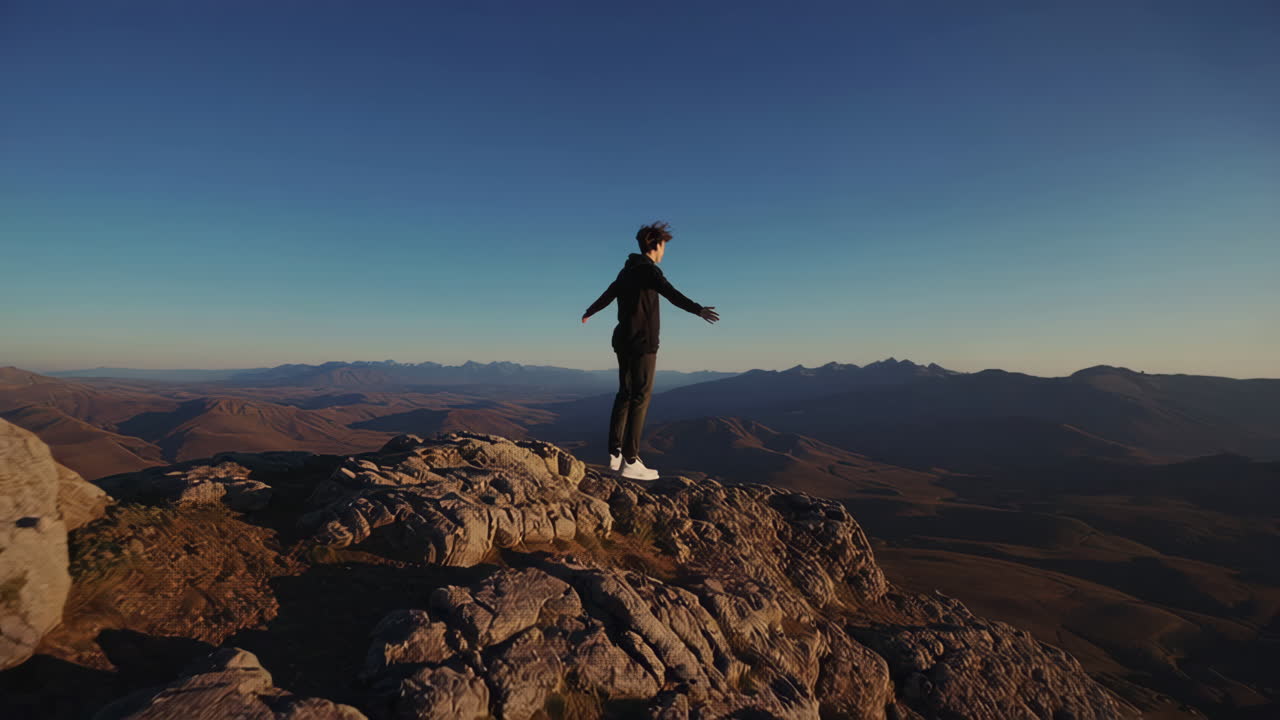 Person stands on a mountain peak, contemplating the vast landscape at sunrise or sunset