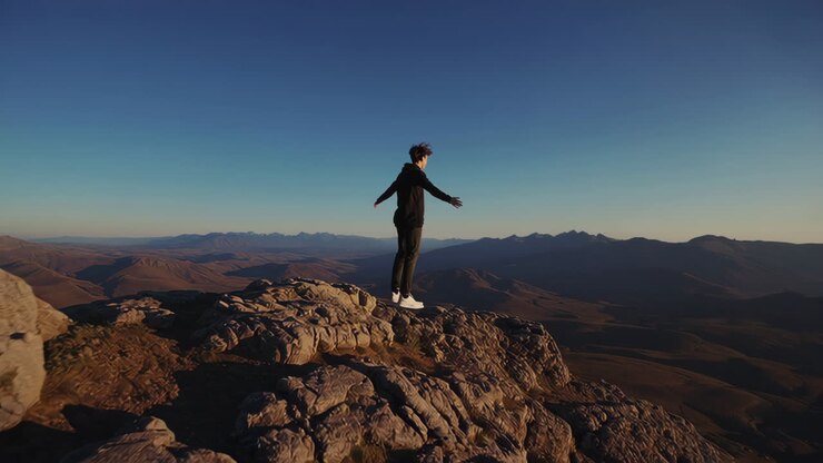 Una persona sta su una vetta di montagna, contemplando il vasto paesaggio all'alba o al tramonto