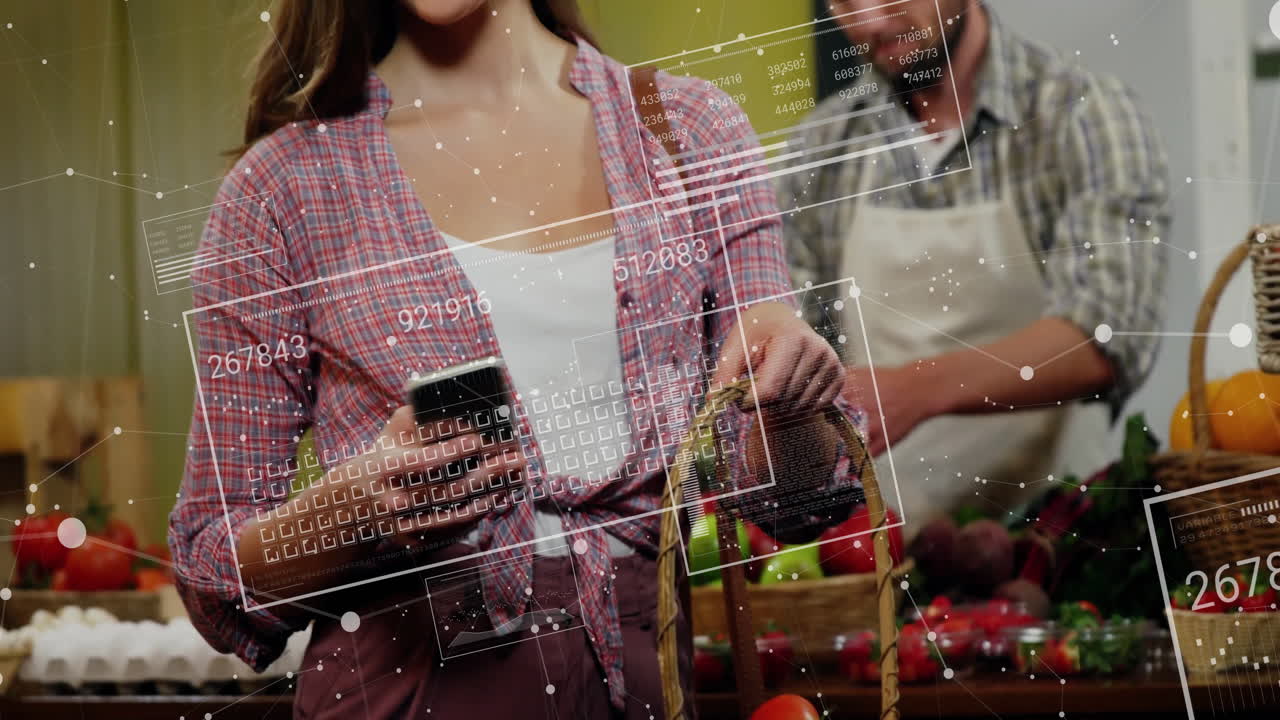 Shopping for groceries, woman using digital data animation in supermarket aisle