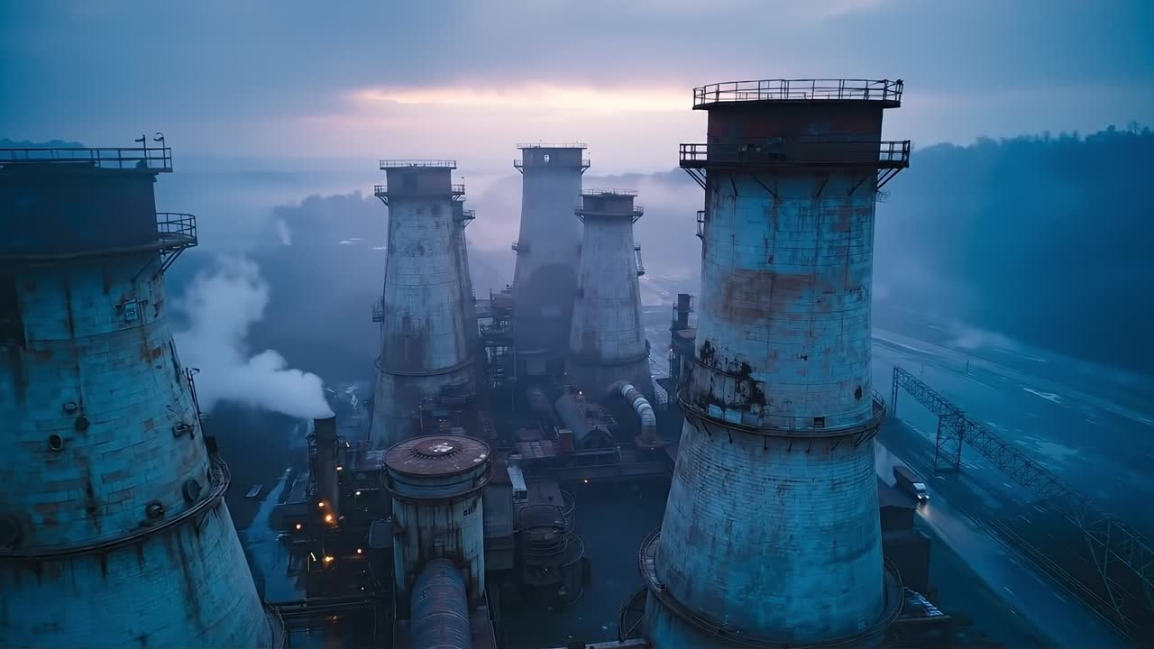 A view of a factory with smoke coming out of the chimneys