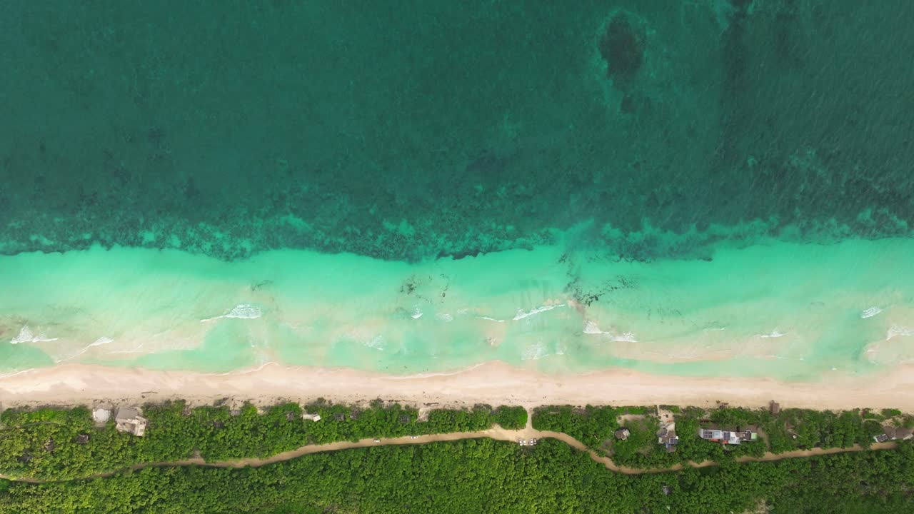 Aerial fly turquoise water paradise of Tulúm white beach shore, Caribbean Mexican summer vibes landscape
