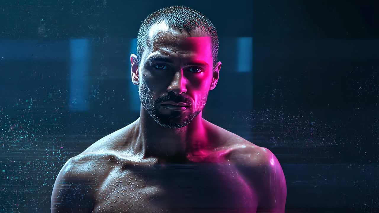 Glitch sweeping across shirtless man's face in studio, shifting cyan magenta light on droplets