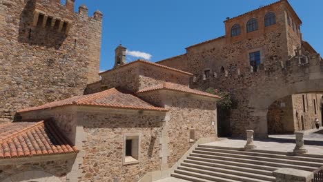 Old-roman-medieval-chapel-in-Caceres,-Spain,-Ermita-de-la-Paz,-slow-right-pan