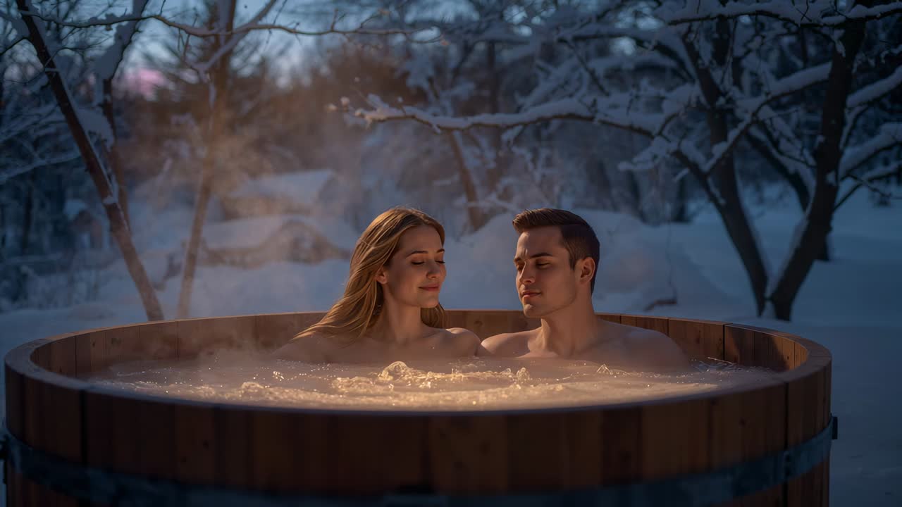 Coppia a spalle scoperte immersa in una vasca idromassaggio innevata in giardino, che si scambia sguardi, con acqua frizzante che riscalda
