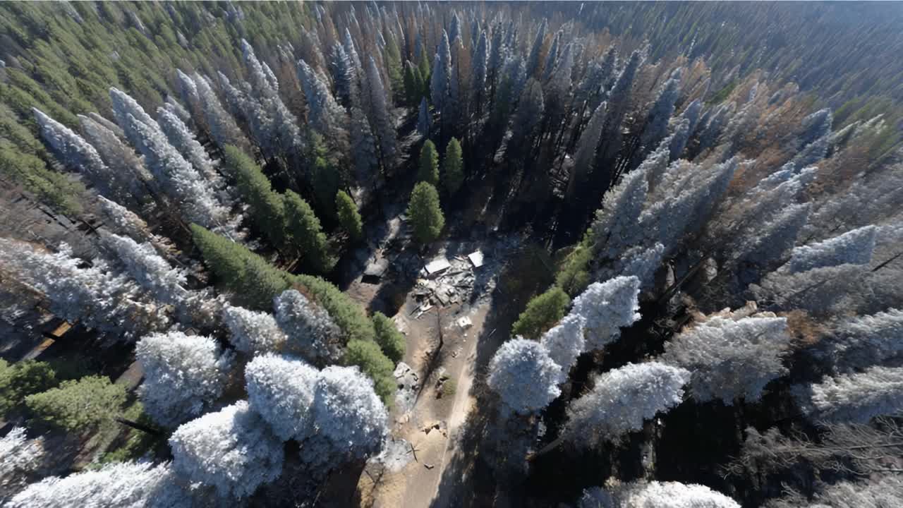 Aerial Perspective of a Forested Area Affected by Recent Wildfire, Showcasing Carbonized Trees and Regrowth in a Complex Ecosystem Restoration Process