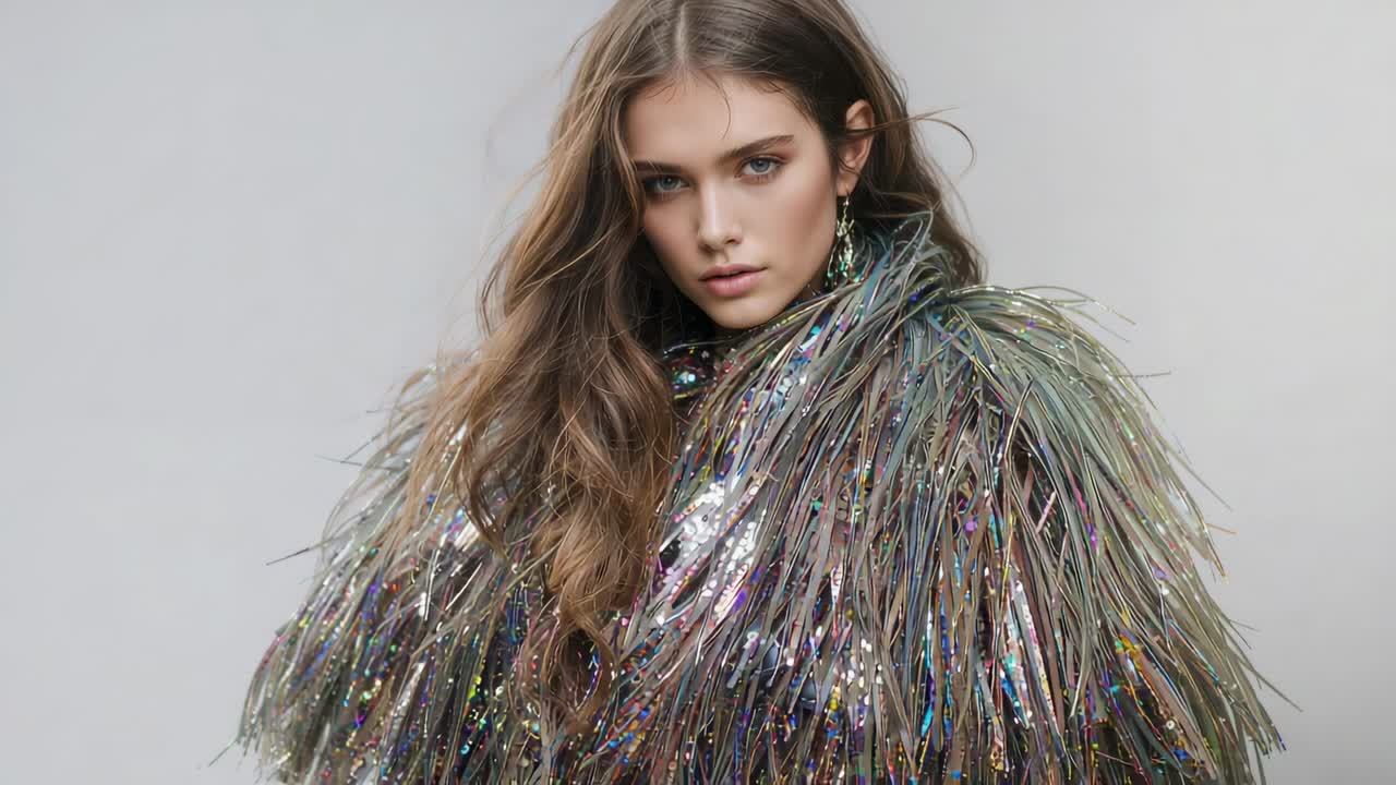 Posing model reacting to camera move, turning head, lifting chin, showing sparkling coat, earrings