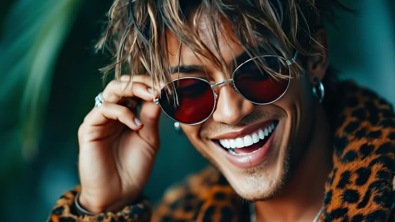 A man wearing a leopard print jacket and sunglasses