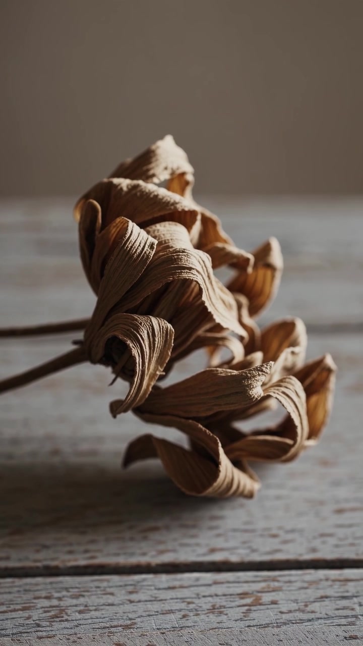 Fiore essiccato appoggiato su una superficie di legno rustico