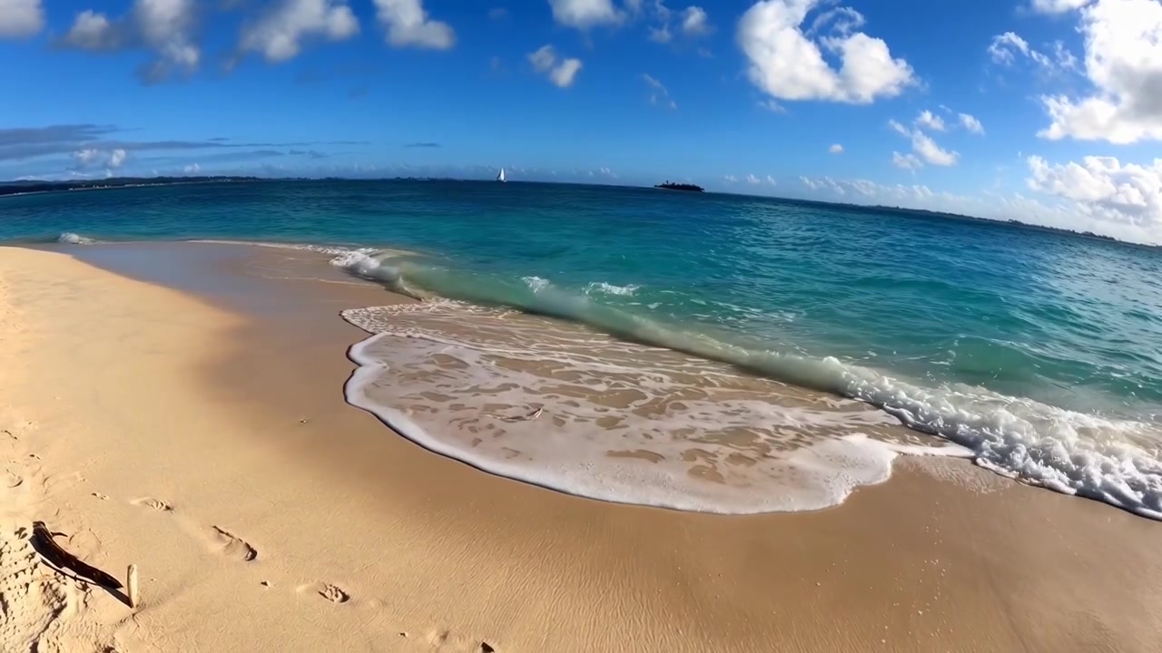 Dolci onde su una spiaggia tropicale con oceano turchese e cielo blu