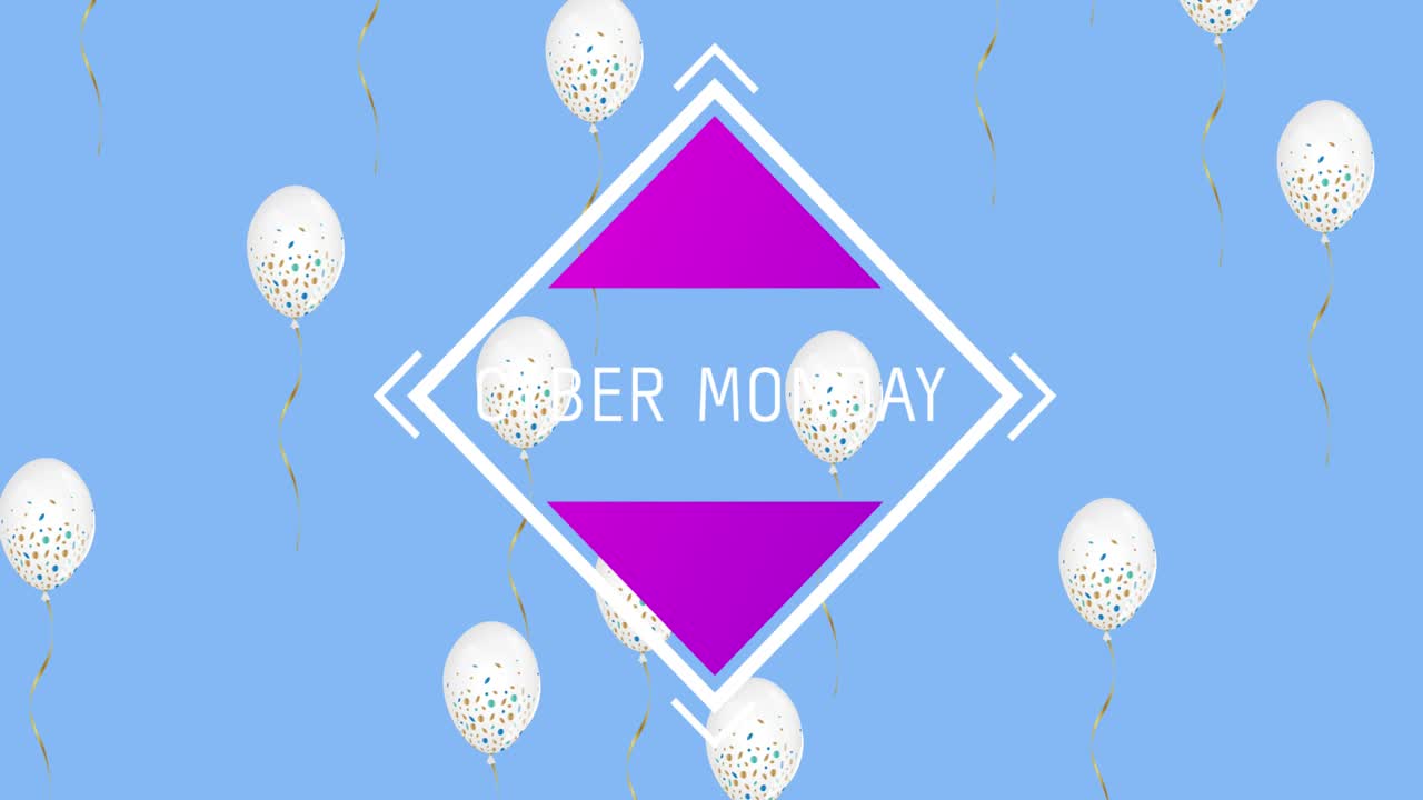 lunes cibernético texto en forma cuadrada contra globos blancos flotando en fondo azul