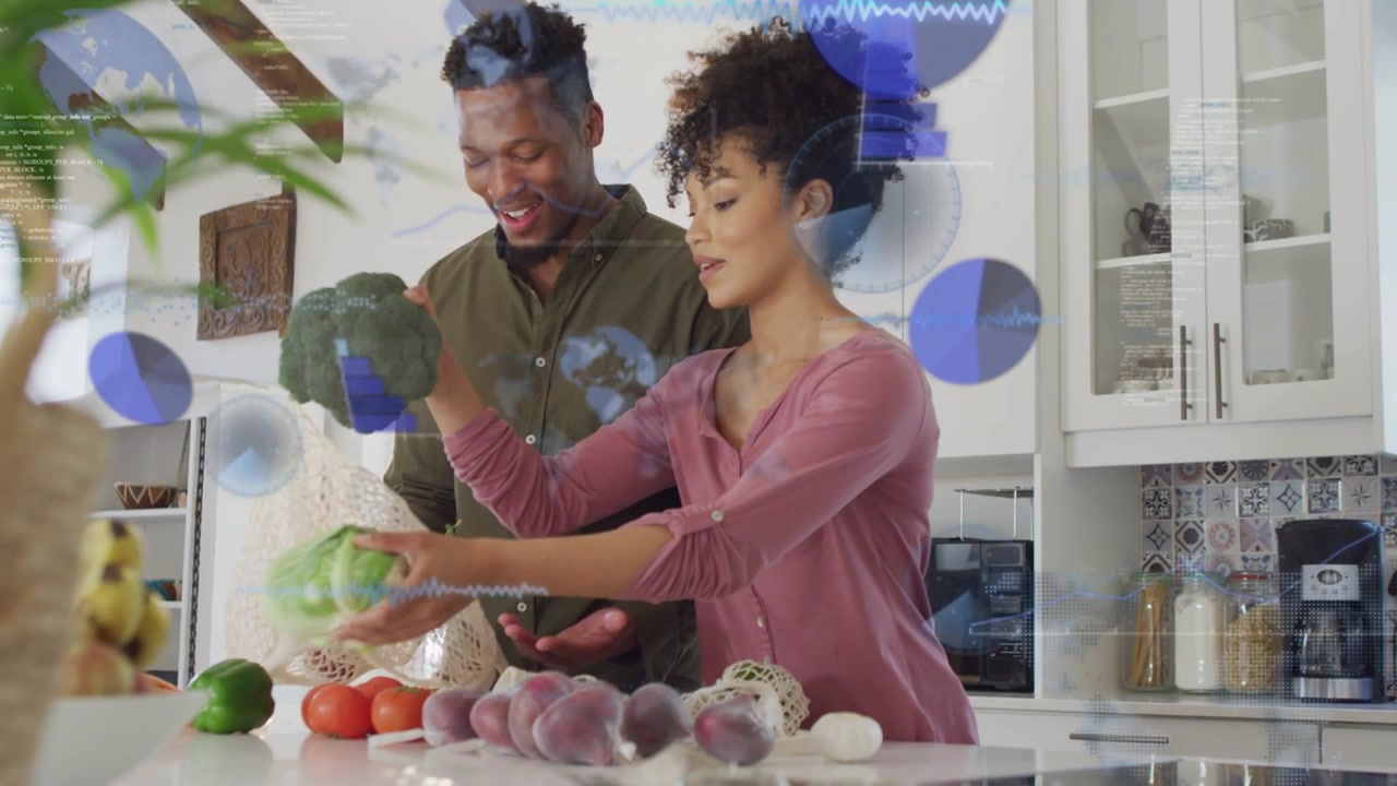 Woman lifting cabbage triggers couple arranging produce while blue rings emerging showing freshness