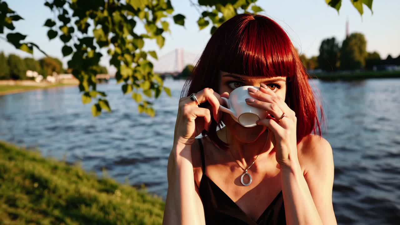 Woman enjoying coffee by the river at sunset