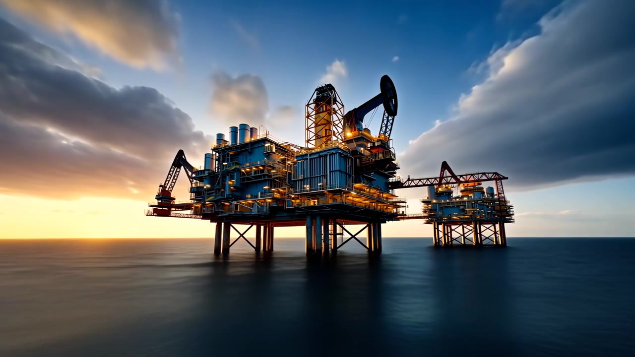 Dramatisk tidsforløb af en offshore olieplatform ved solnedgang