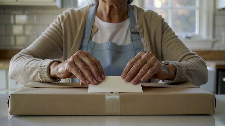 Adjusting satin ribbon senior in blue apron placing cream card on kraft-box in kitchen sealing gift