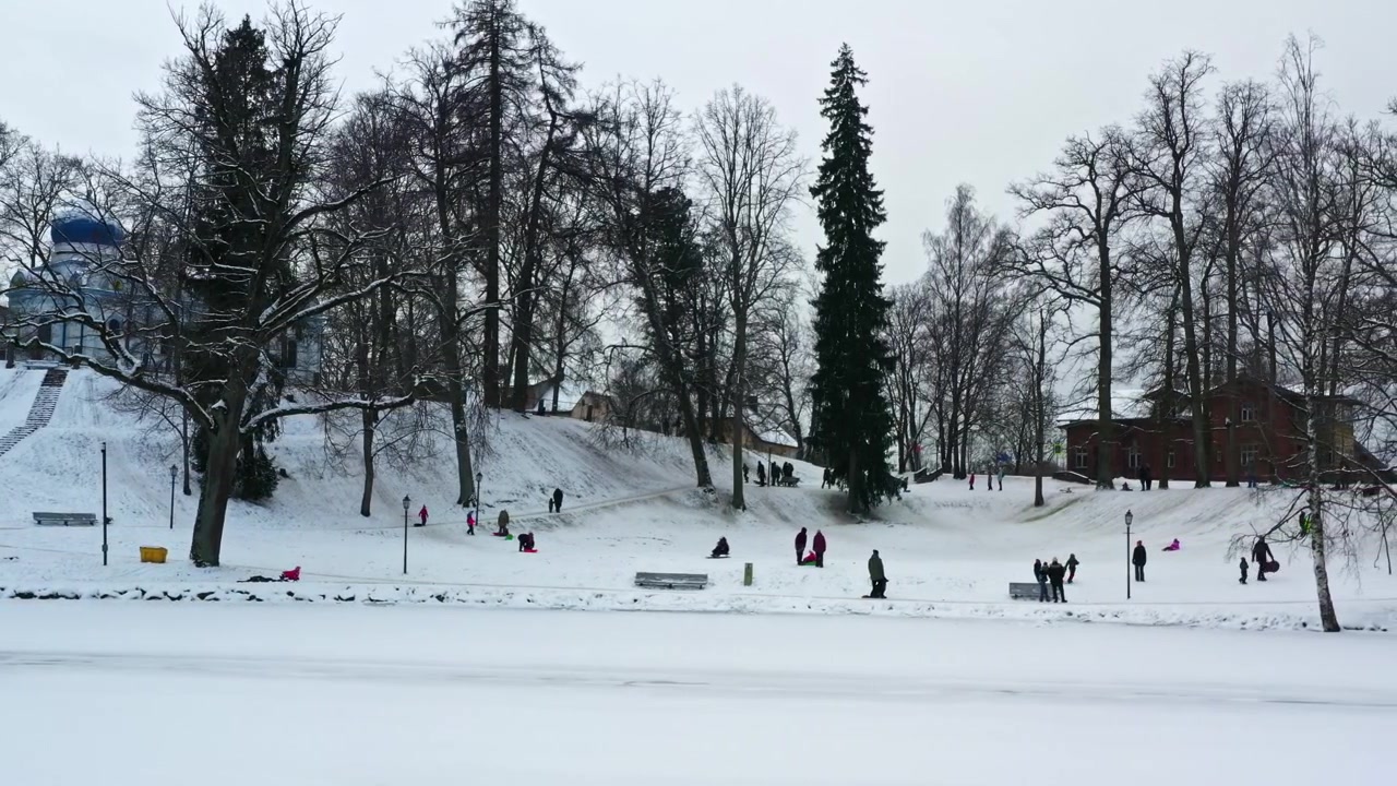 Winterse familieactiviteiten in een besneeuwd park met mensen die van een kleine heuvel sleeën.